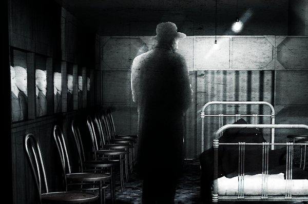 Picture of proposed set design for the production of Arlekin Players Theatre "Dead Man's Diary: A Theatrical Novel." Audience looking inside the "box."